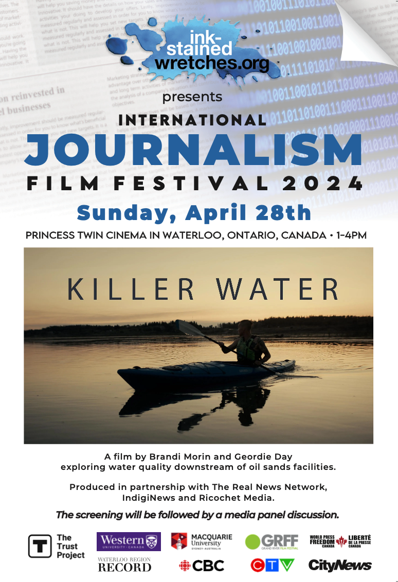 Journalism Film Festival Sunday April 28h, featuring Killer Water, indicated by a shadowed person piloting a kayak at dusk